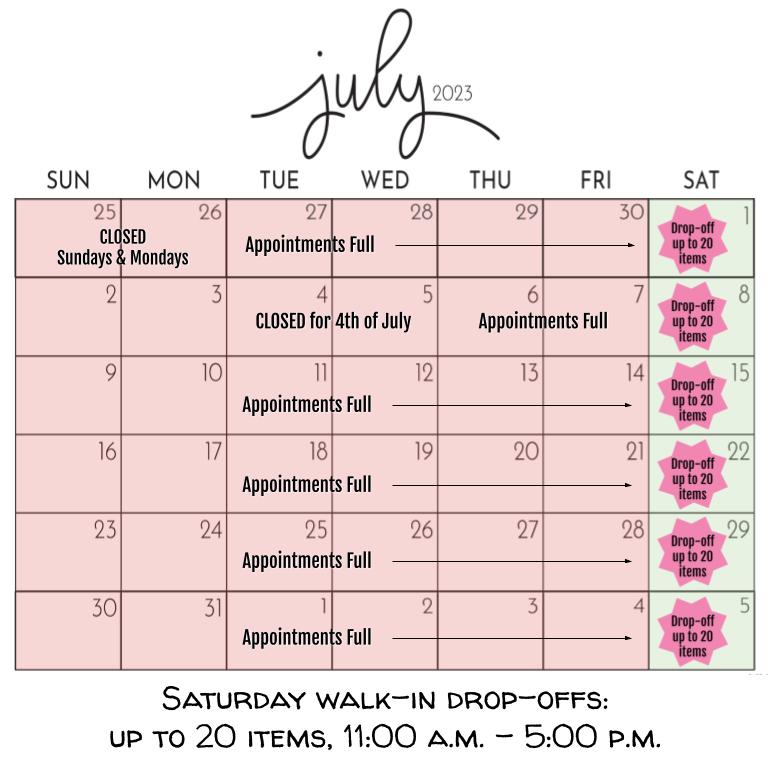 July 2023 Consignment Calendar as of 7/1/23