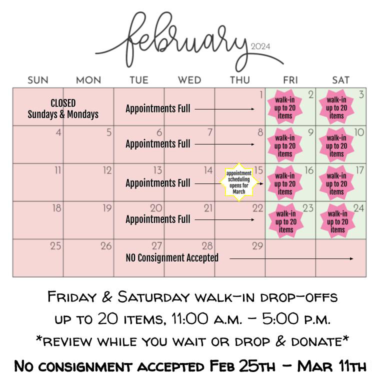 February 2024 Consignment Calendar - as of 1-19-24