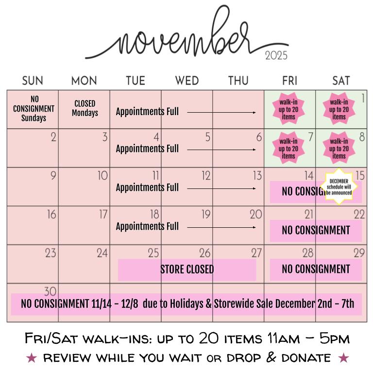 Consignment Appointment Calendar - November 2025 FULL