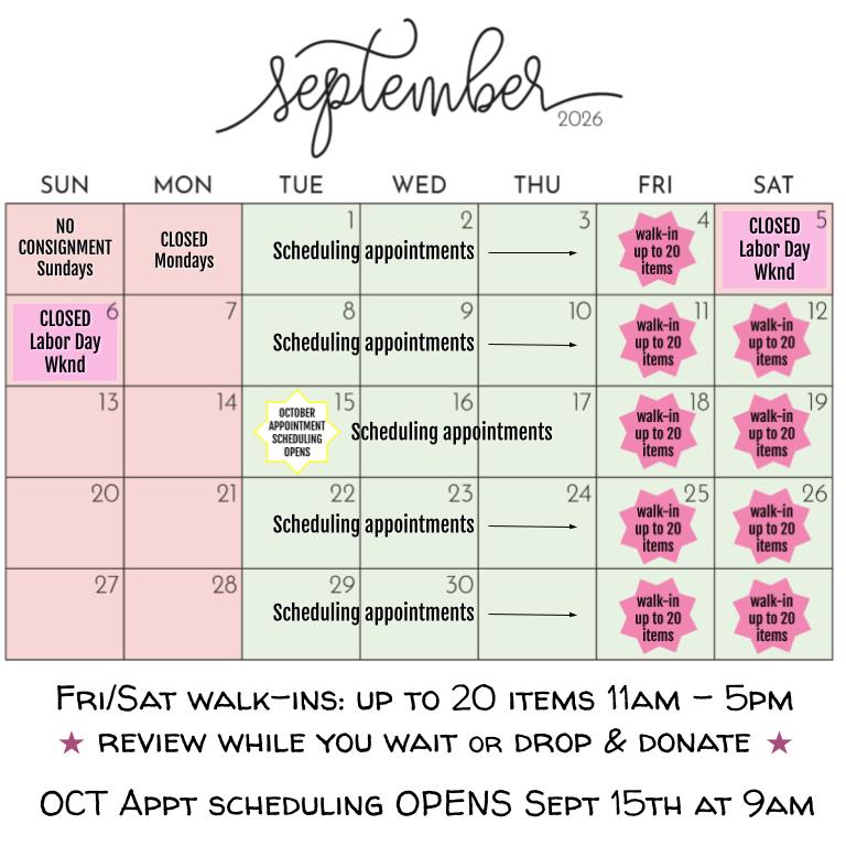 September 2026 Consignment Appointment Calendar - OPEN
