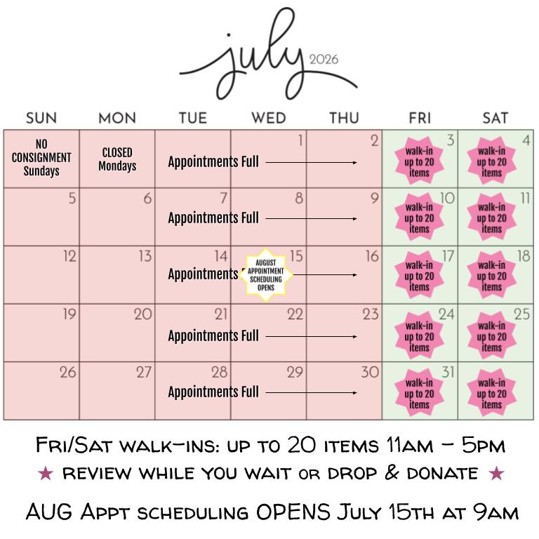 July 2026 Consignment Appointment Calendar - FULL