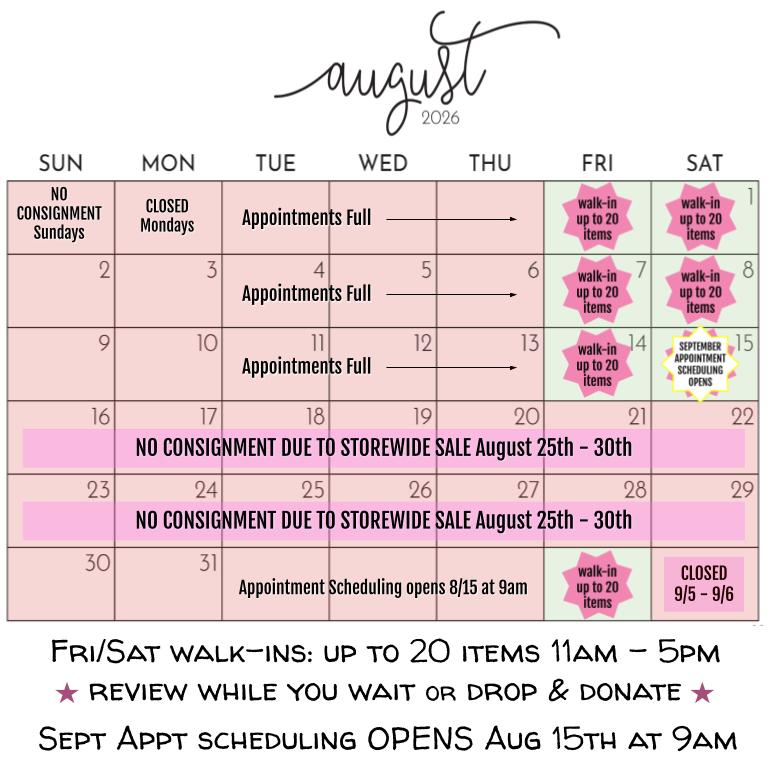 August 2026 Consignment Appointment Calendar - FULL