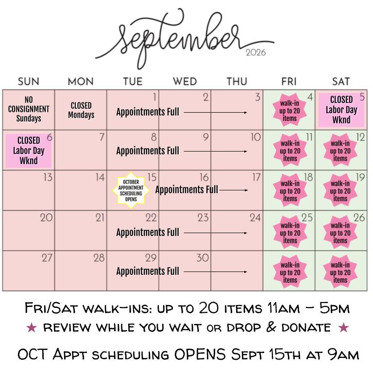 September 2026 Consignment Appointment Calendar - FULL